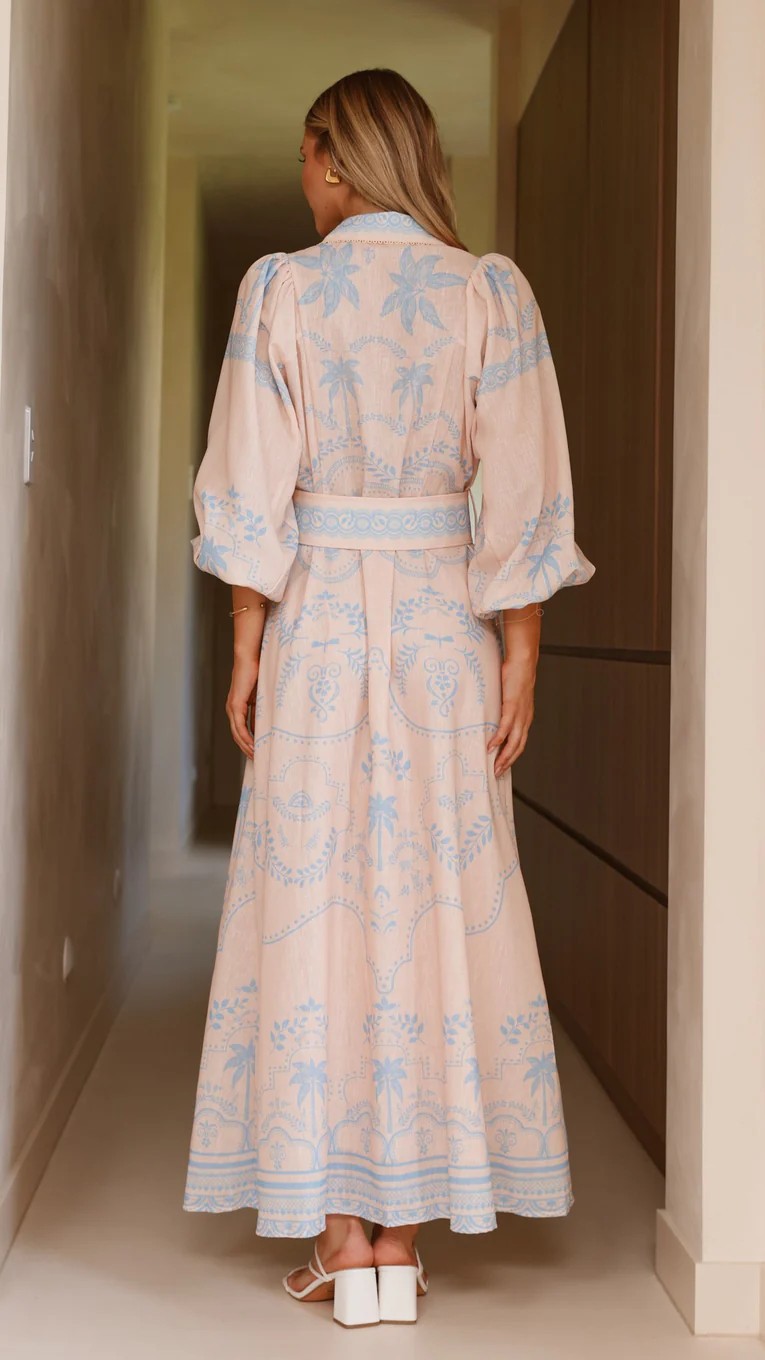 Nude A-Line Ankle Length Dress with Palm Print and Long Sleeves