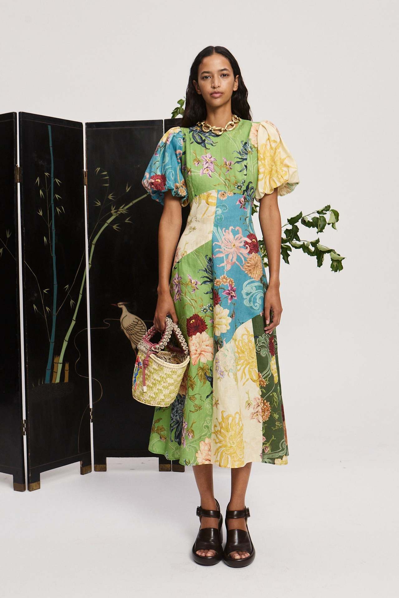 Patchwork Floral Midi A-Line Dress with Puff Sleeves