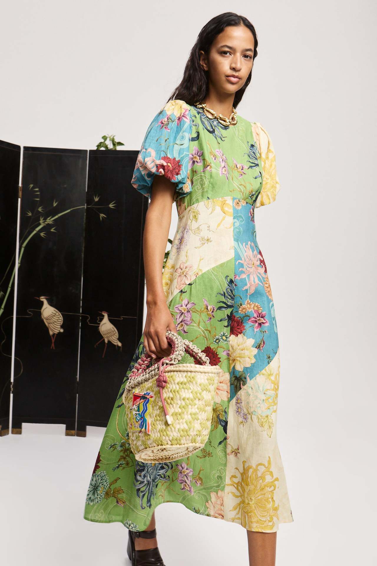 Patchwork Floral Midi A-Line Dress with Puff Sleeves