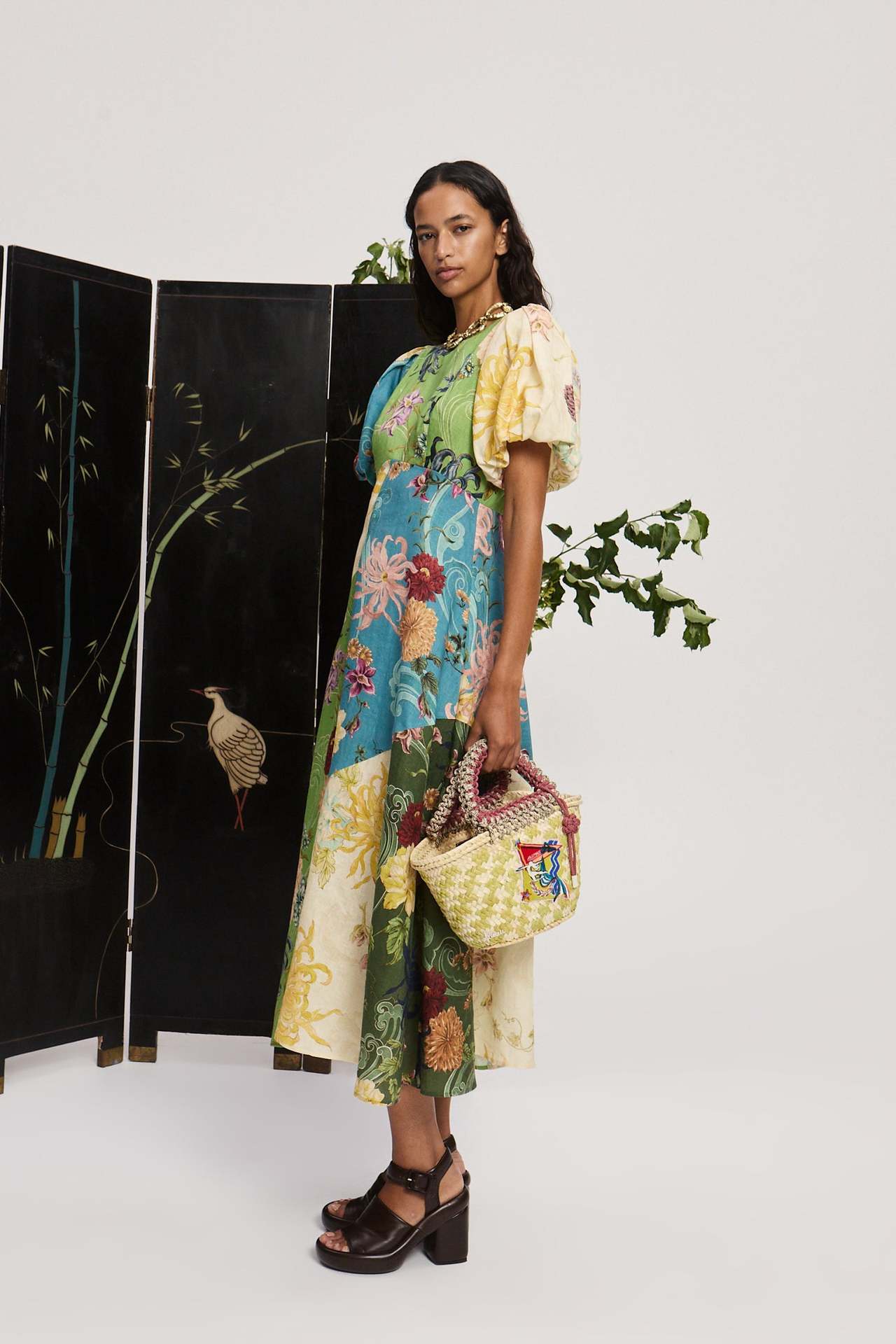 Patchwork Floral Midi A-Line Dress with Puff Sleeves