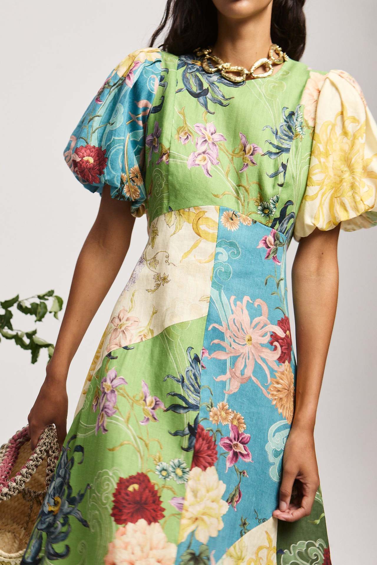 Patchwork Floral Midi A-Line Dress with Puff Sleeves