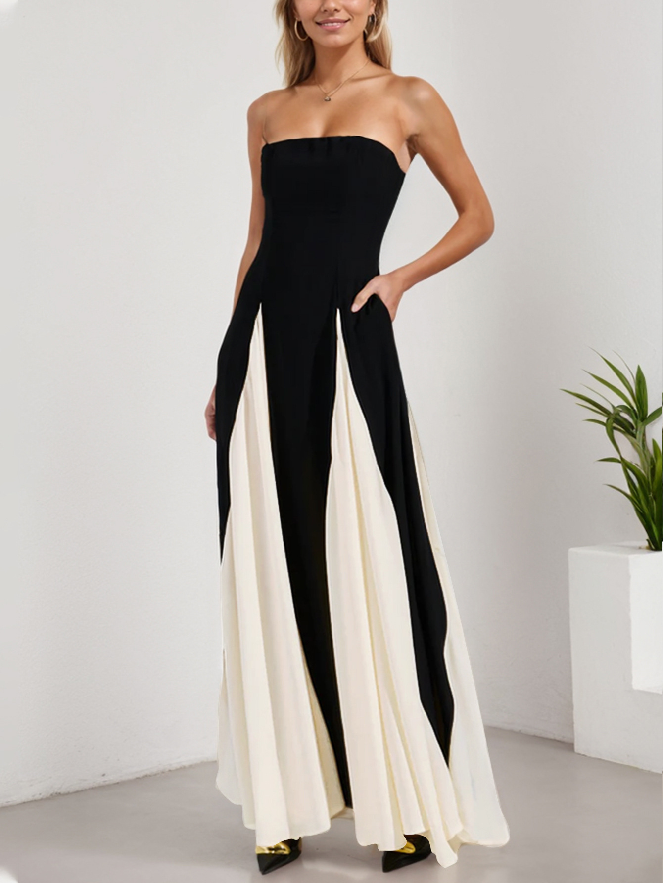 Color Block Strapless A-Line Maxi Dress