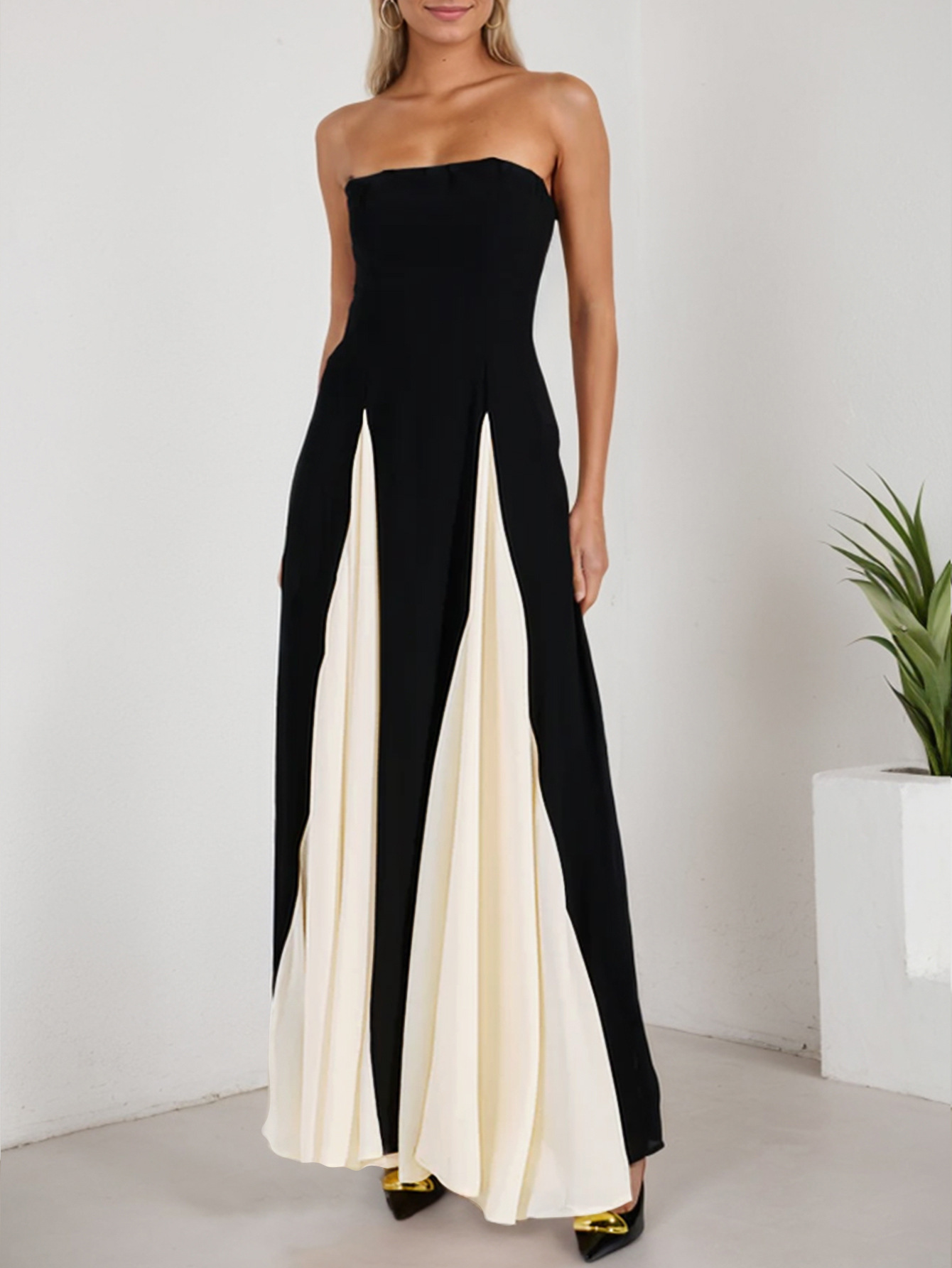 Color Block Strapless A-Line Maxi Dress