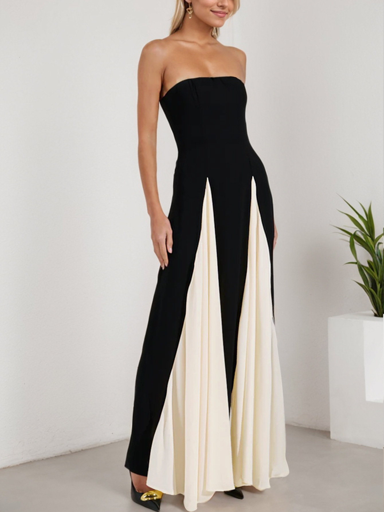 Color Block Strapless A-Line Maxi Dress