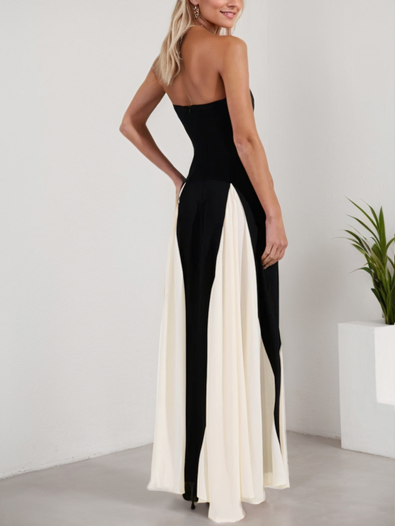 Color Block Strapless A-Line Maxi Dress