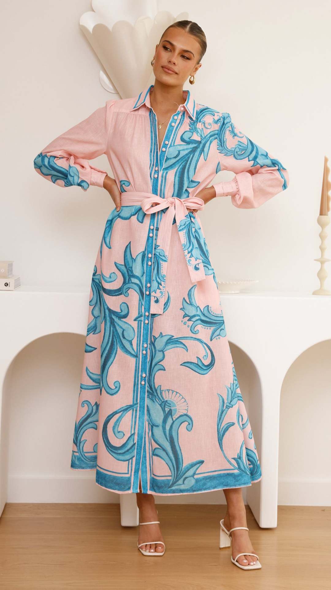 Pink Baroque Print Maxi Shirt Dress