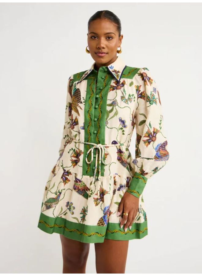 Lantern Sleeve Graffiti Print Lace-Up Waist Dress