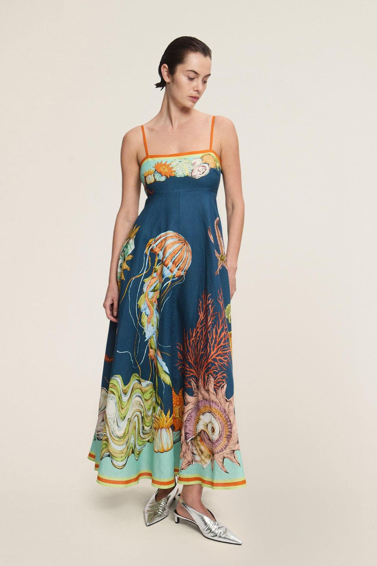 Dark Blue A-Line Maxi Dress with Ocean Print Straps