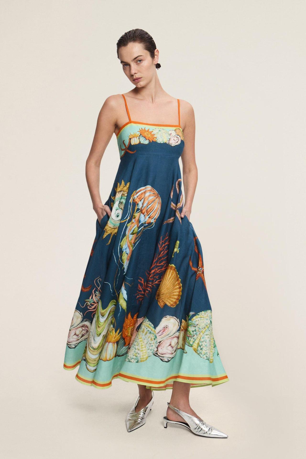 Dark Blue A-Line Maxi Dress with Ocean Print Straps