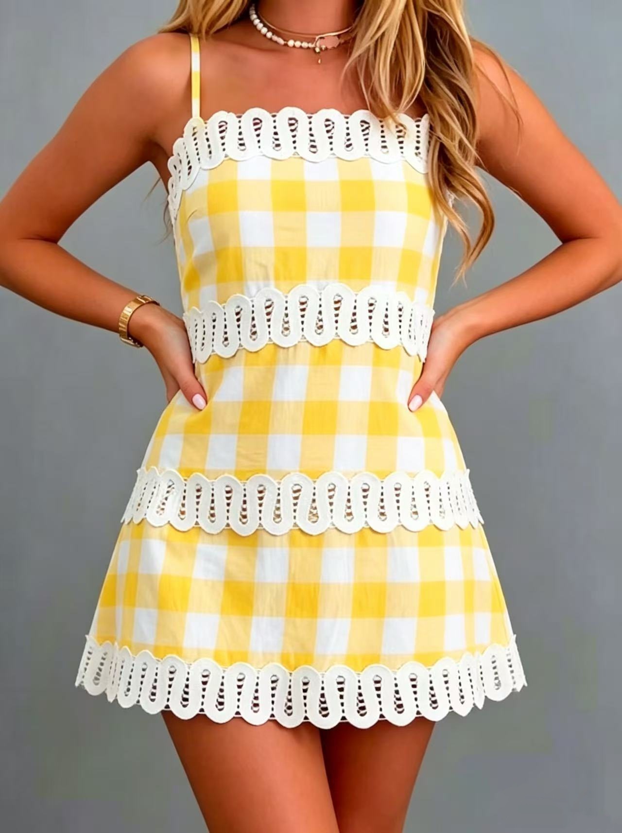 Gingham Mini Sheath Dress with Scalloped Lace Trim