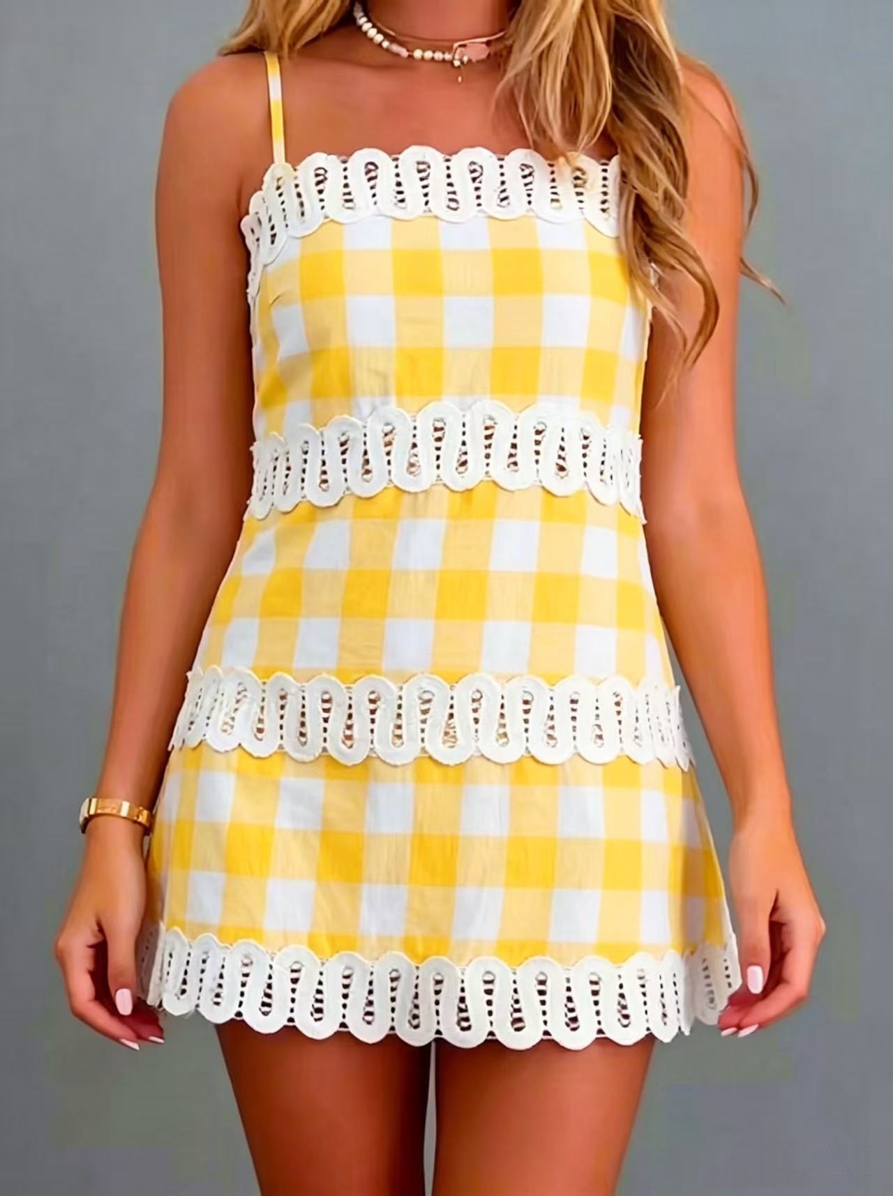 Gingham Mini Sheath Dress with Scalloped Lace Trim