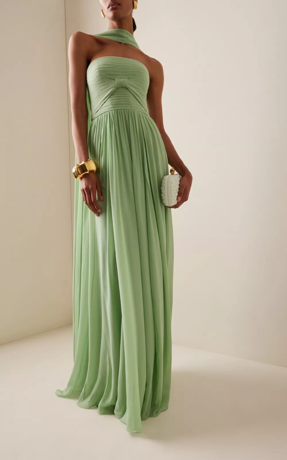Green Pleated Strapless Maxi Dress