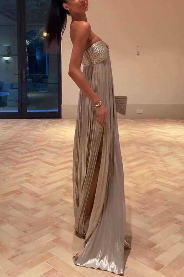 Silver A-Line Strapless Maxi Dress
