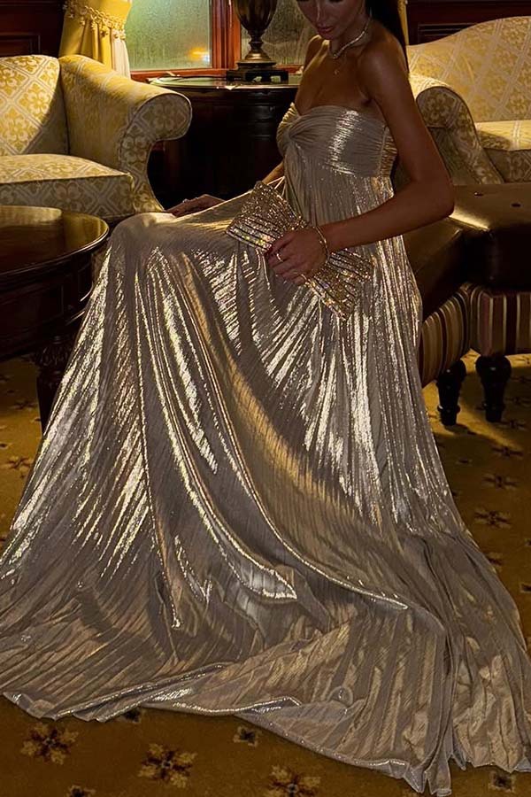 Silver A-Line Strapless Maxi Dress
