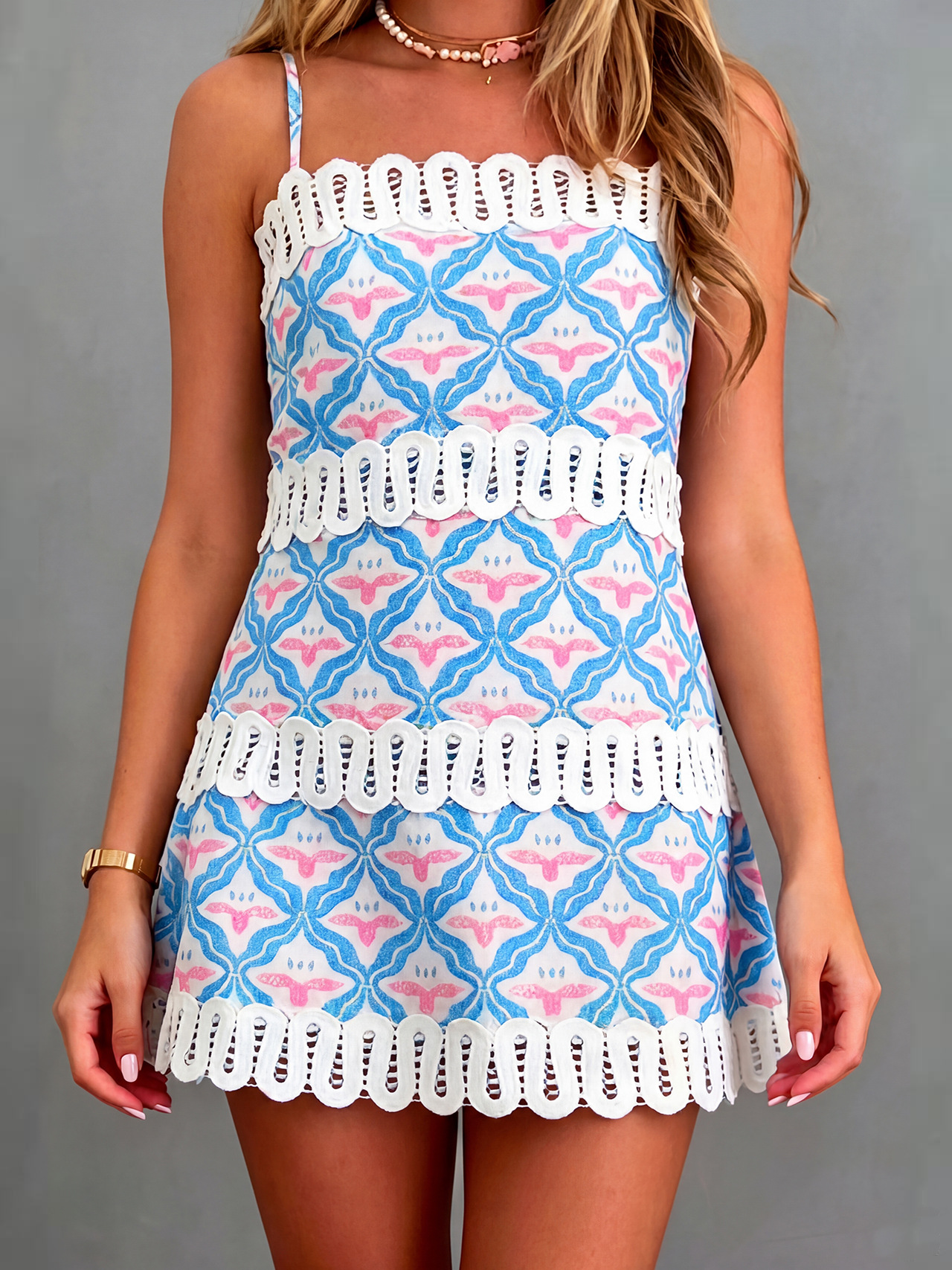 Multi-Print Mini Sheath Dress with Lace Trim