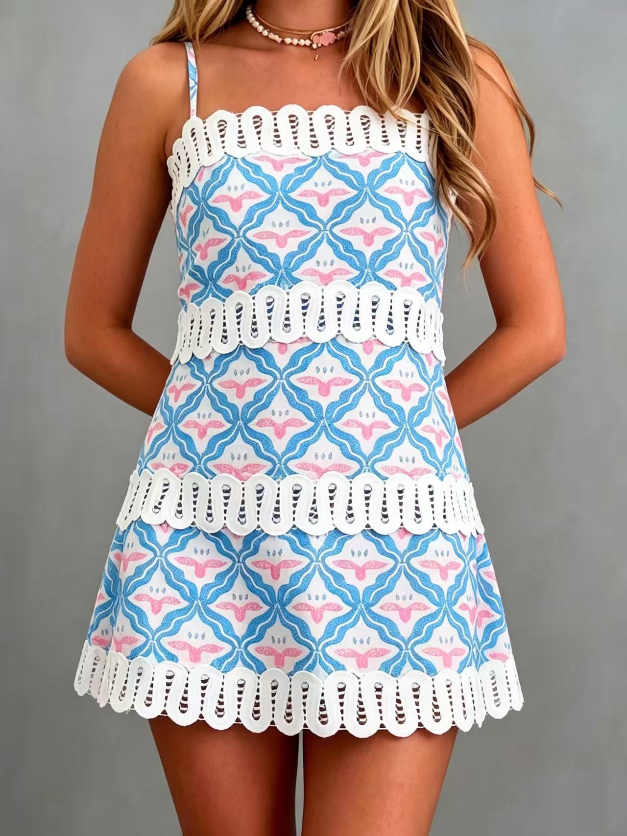Multi-Print Mini Sheath Dress with Lace Trim