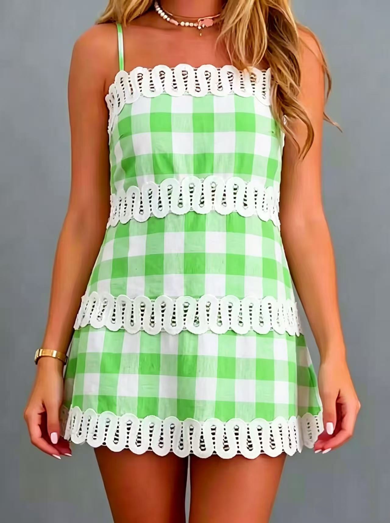 Green Gingham A-Line Sleeveless Dress with Lace Trim