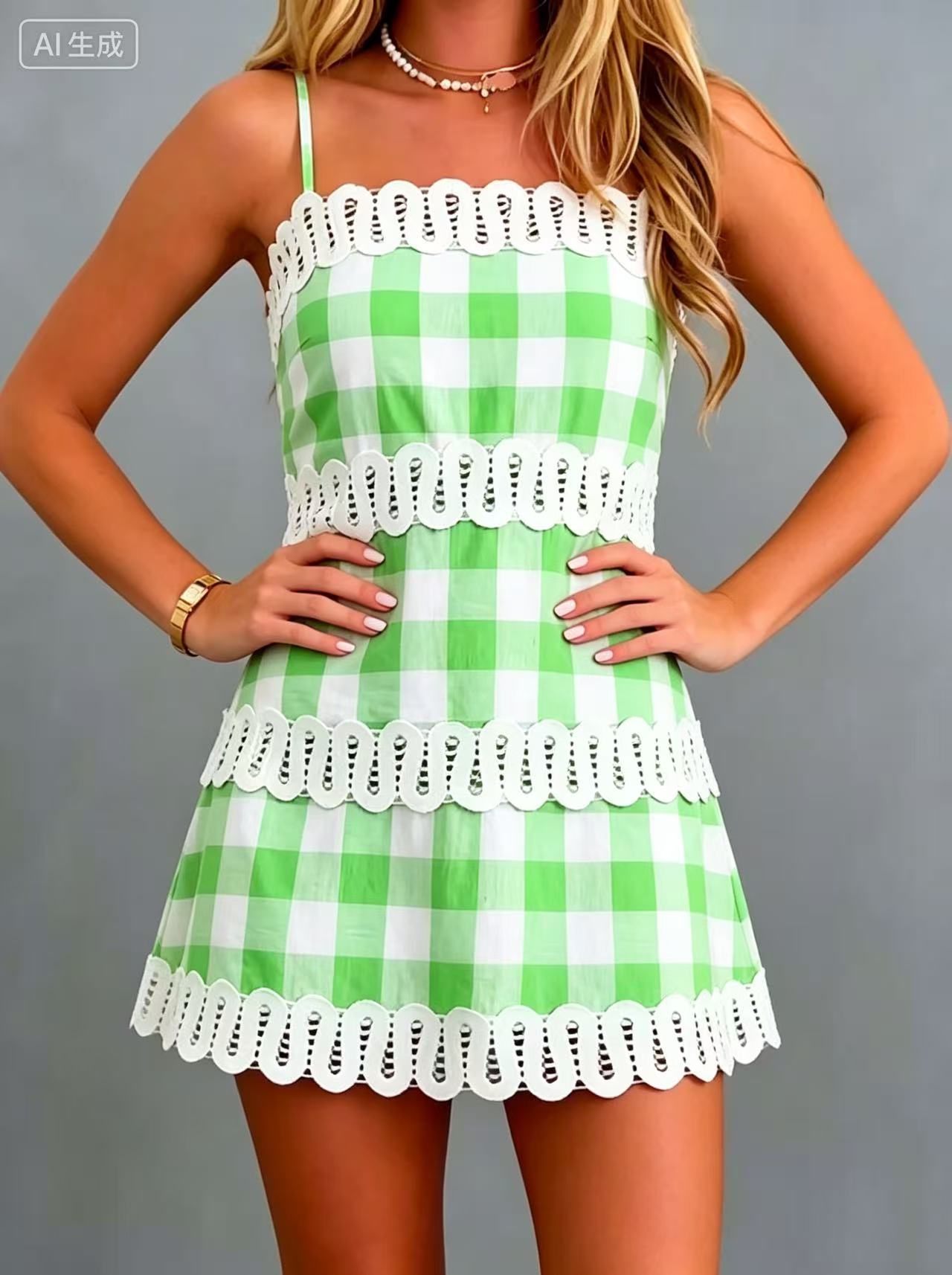 Green Gingham A-Line Sleeveless Dress with Lace Trim