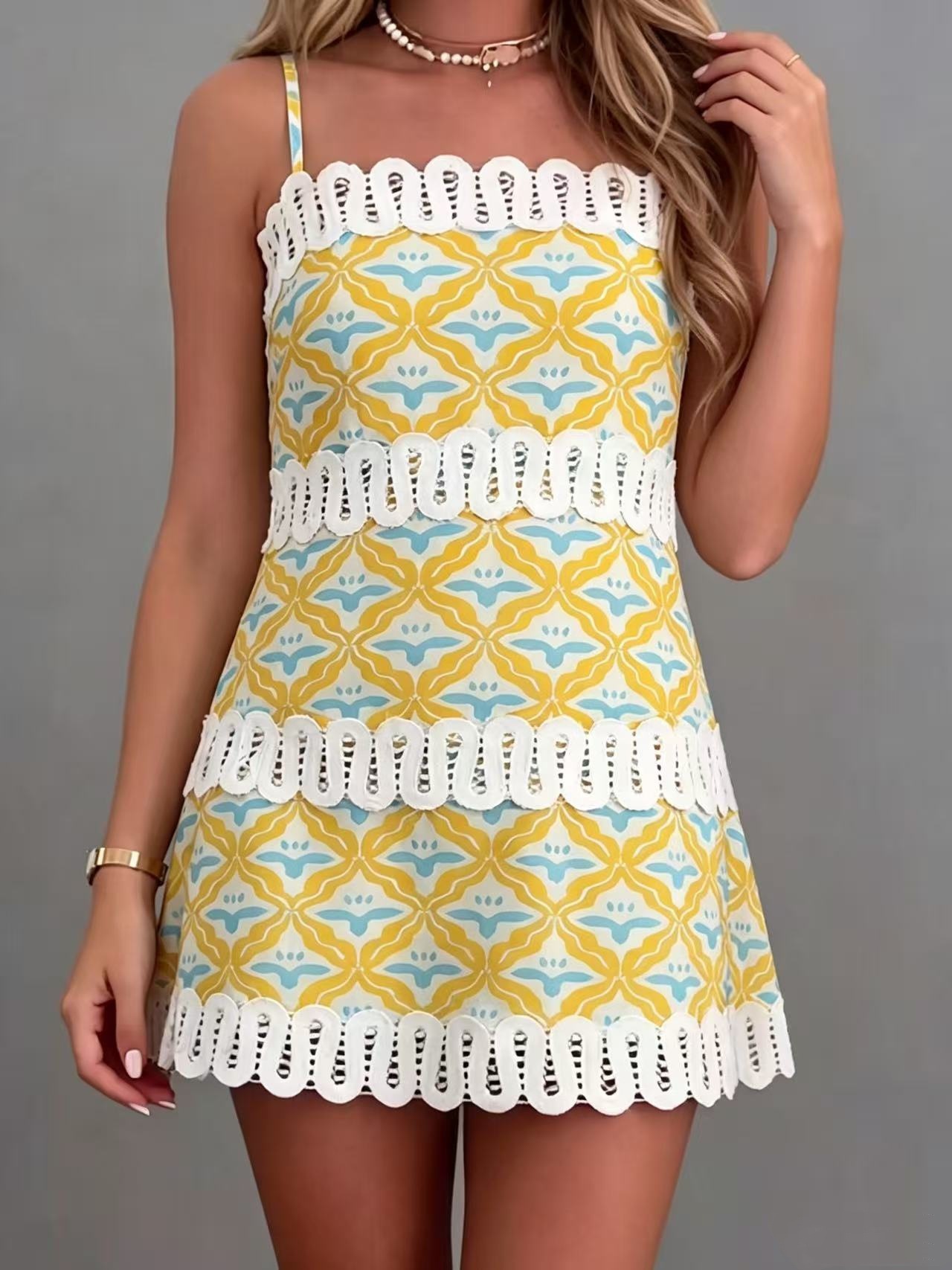 Yellow A-Line Sleeveless Dress with Lace Trim