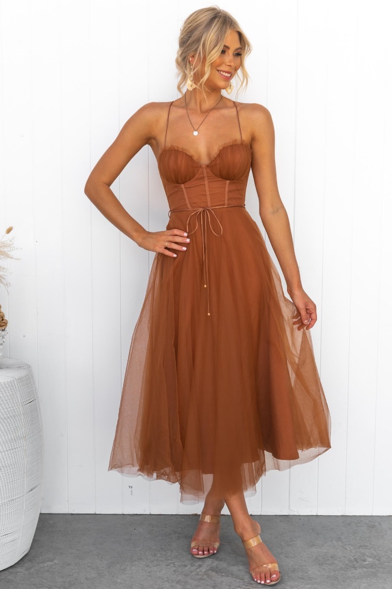 Tan Midi A-Line Sleeveless Dress