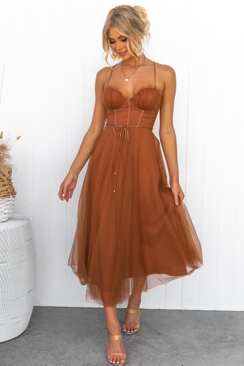 Tan Midi A-Line Sleeveless Dress