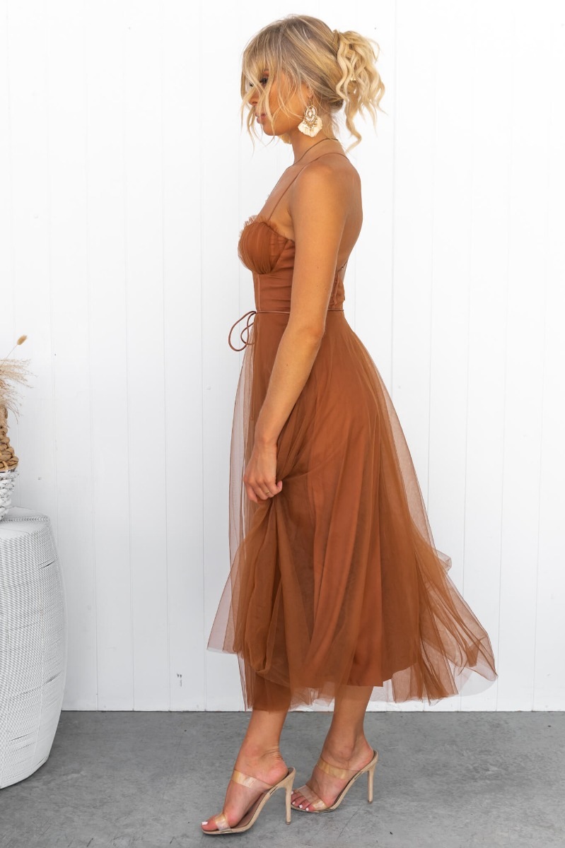 Tan Midi A-Line Sleeveless Dress