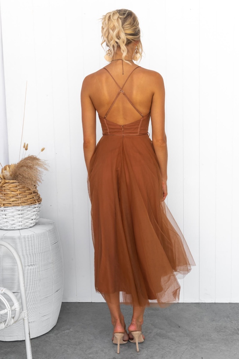 Tan Midi A-Line Sleeveless Dress