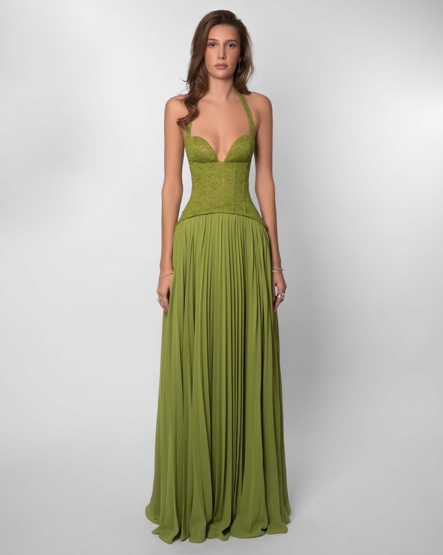 Olive Sleeveless Halter Neck A-Line Maxi Dress