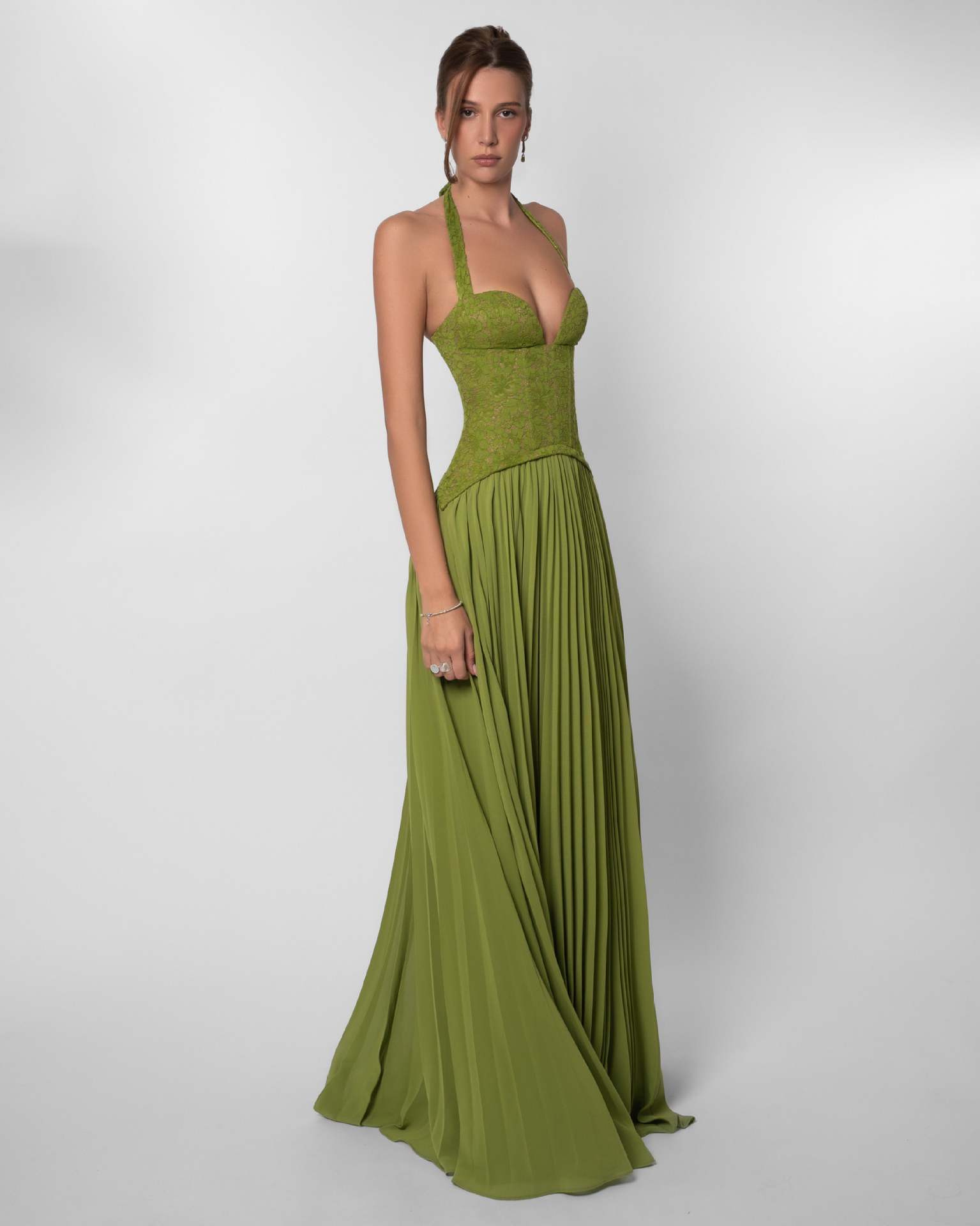 Olive Sleeveless Halter Neck A-Line Maxi Dress