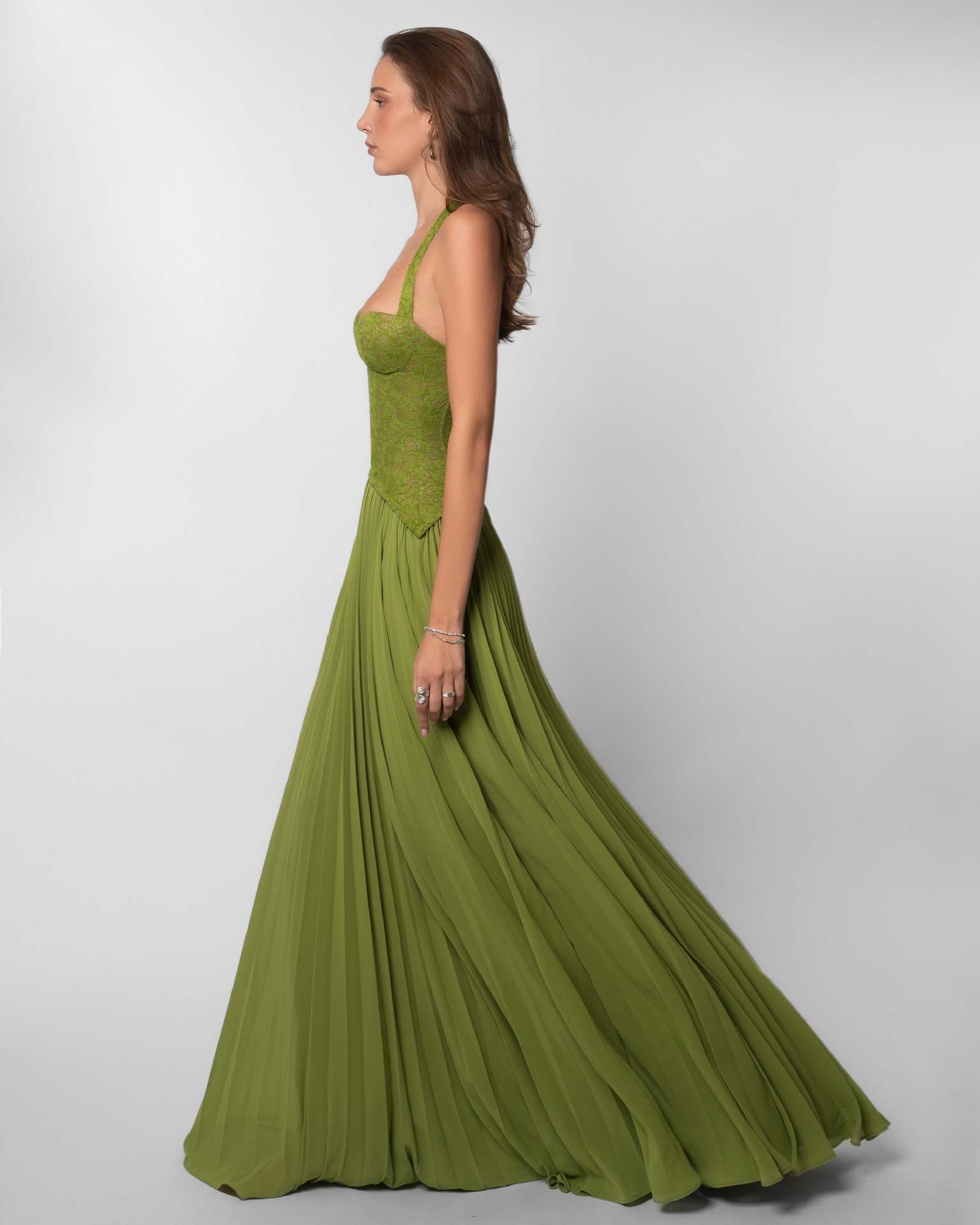 Olive Sleeveless Halter Neck A-Line Maxi Dress