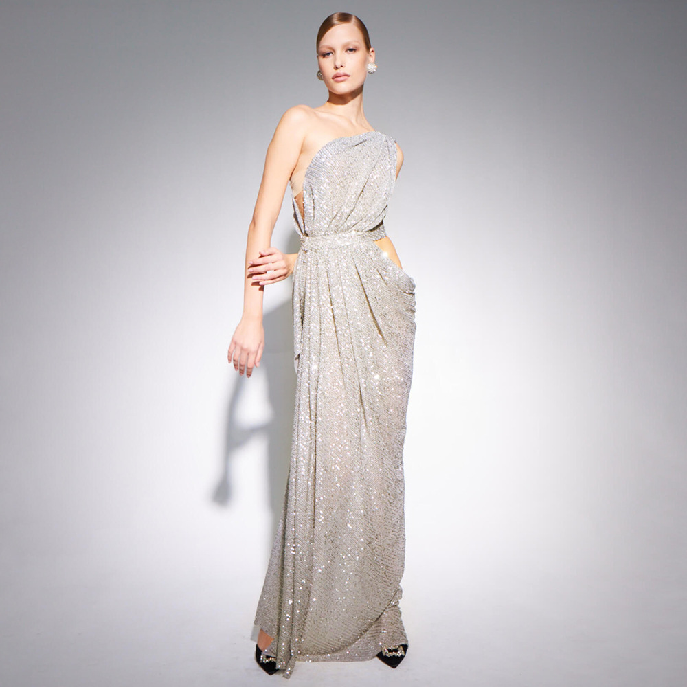 Silver One-Shoulder A-Line Gown