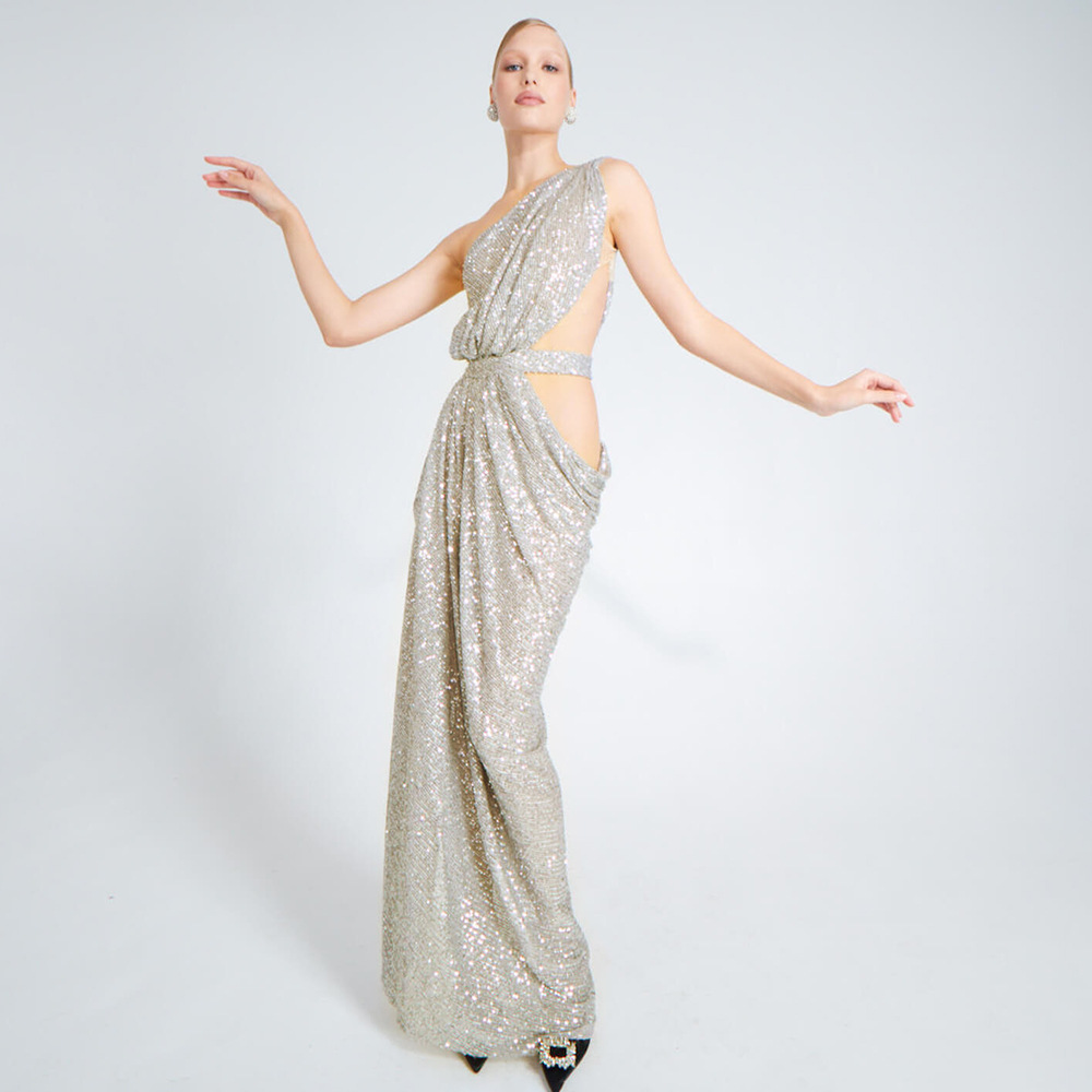 Silver One-Shoulder A-Line Gown