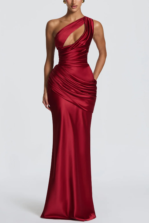 Red Satin Sleeveless A-Line Gown with Cut-Out Detail