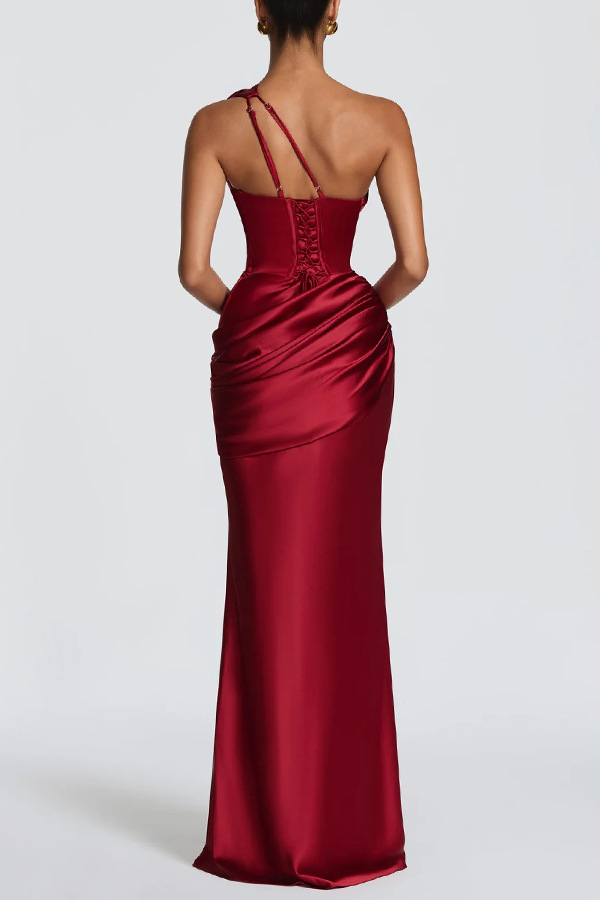 Red Satin Sleeveless A-Line Gown with Cut-Out Detail
