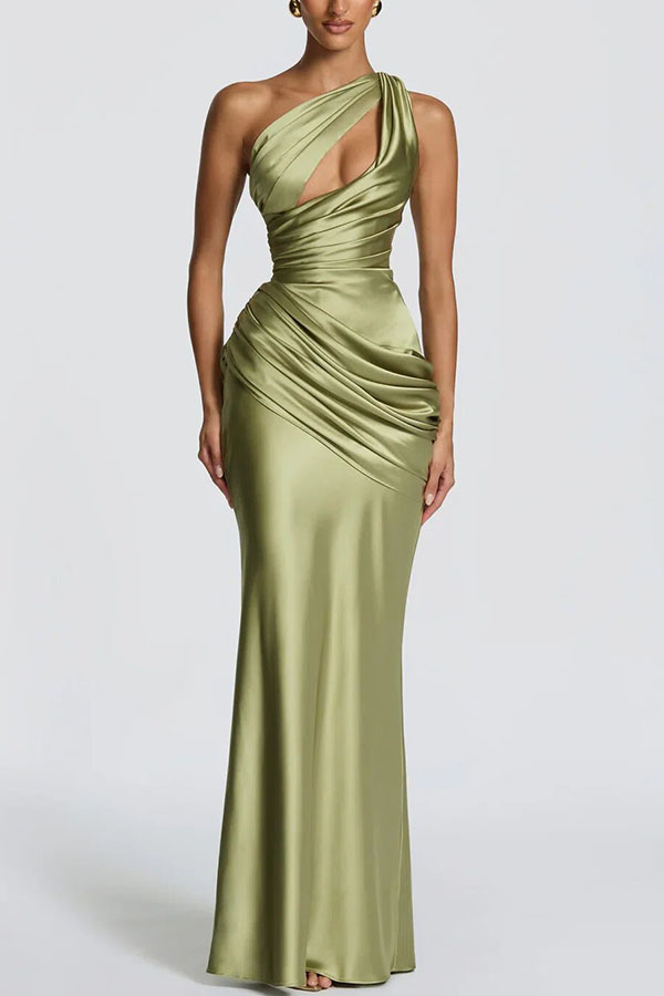 Green Satin One-Shoulder A-Line Dress with Ruched Detail