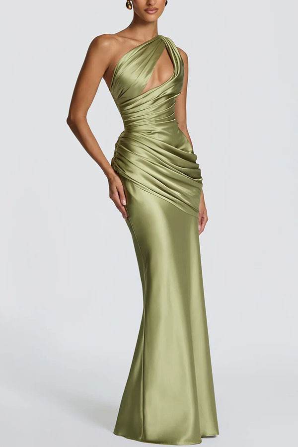 Green Satin One-Shoulder A-Line Dress with Ruched Detail