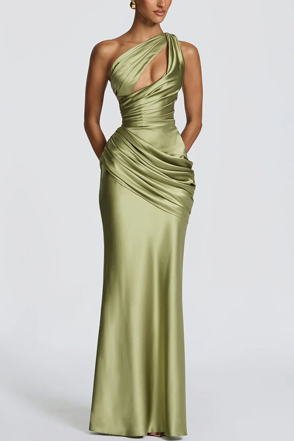 Green Satin One-Shoulder A-Line Dress with Ruched Detail