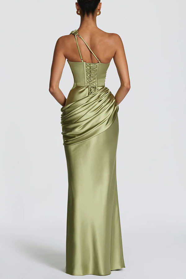 Green Satin One-Shoulder A-Line Dress with Ruched Detail