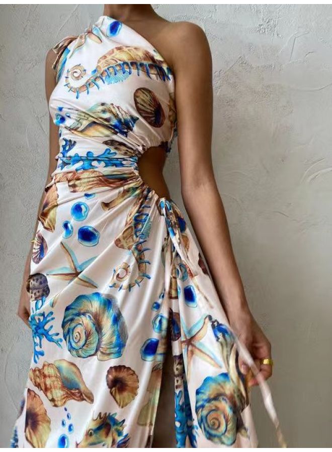 Seashell Print Sleeveless A-Line Maxi Dress with Side Slit 