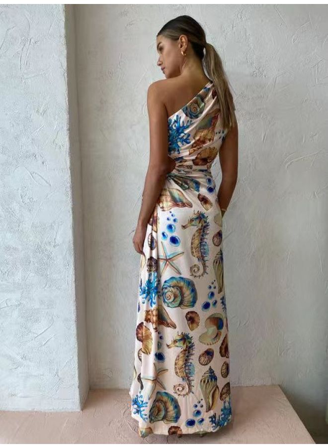 Seashell Print Sleeveless A-Line Maxi Dress with Side Slit 