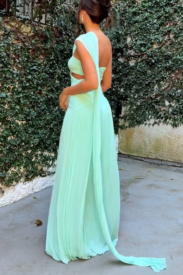 Light Blue A-Line Pleated Maxi Dress with Slit