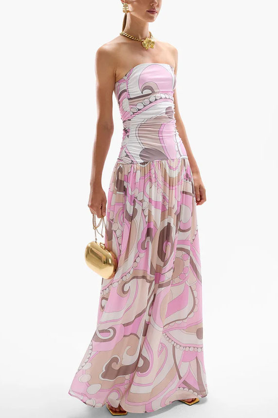 Multi Abstract Print A-Line Strapless Maxi Dress