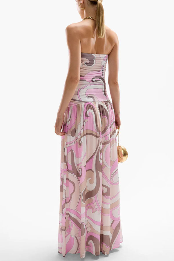 Multi Abstract Print A-Line Strapless Maxi Dress