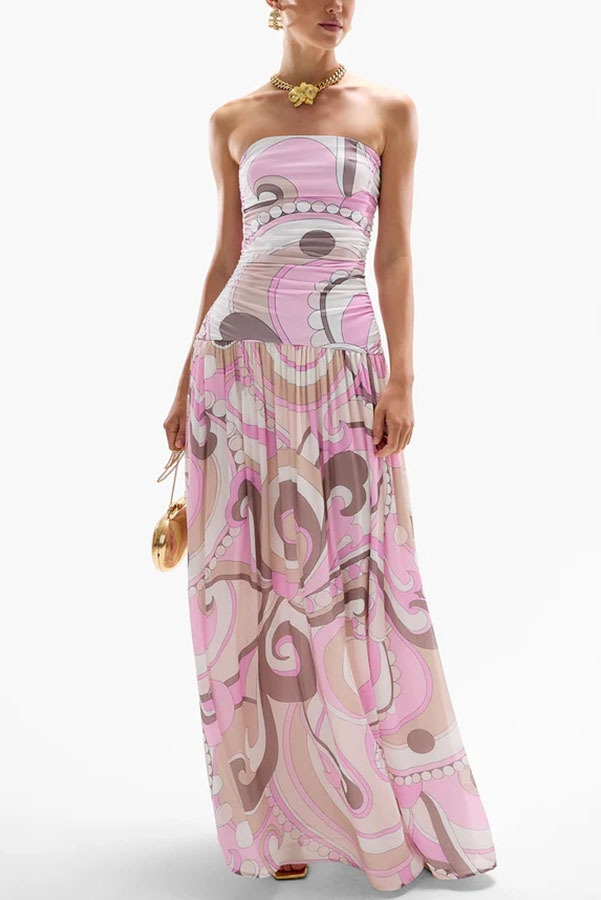 Multi Abstract Print A-Line Strapless Maxi Dress