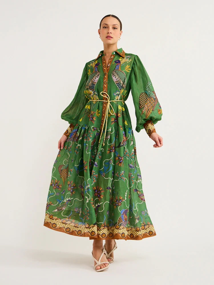 Green Maxi Dress with Lantern Sleeves and Intricate Print