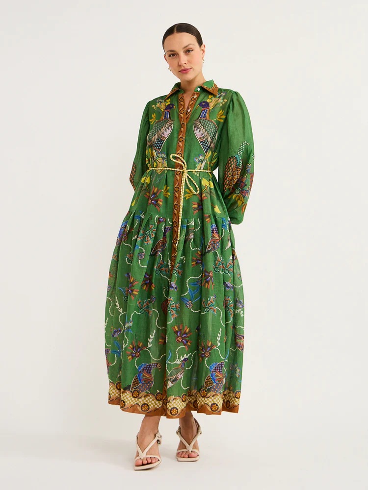 Green Maxi Dress with Lantern Sleeves and Intricate Print