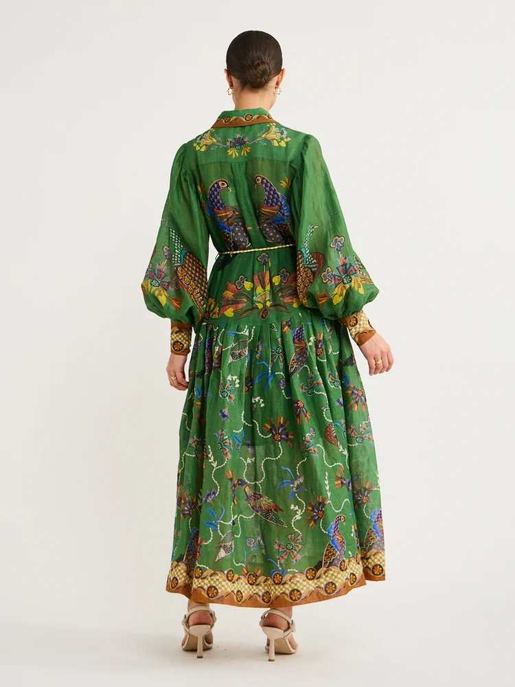 Green Maxi Dress with Lantern Sleeves and Intricate Print