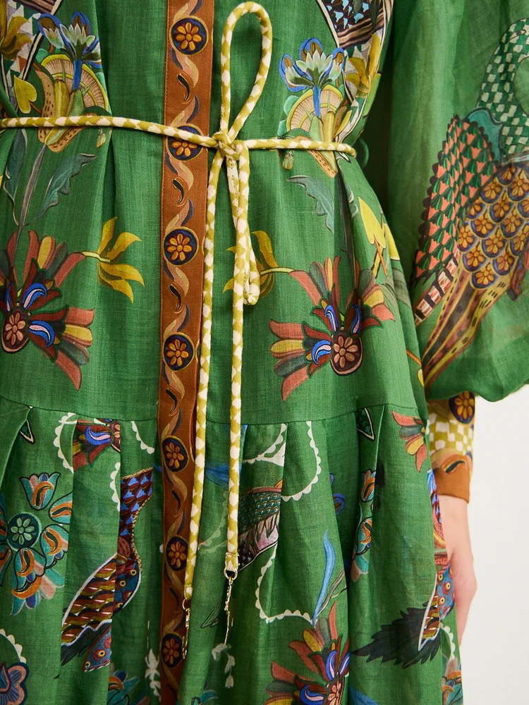 Green Maxi Dress with Lantern Sleeves and Intricate Print