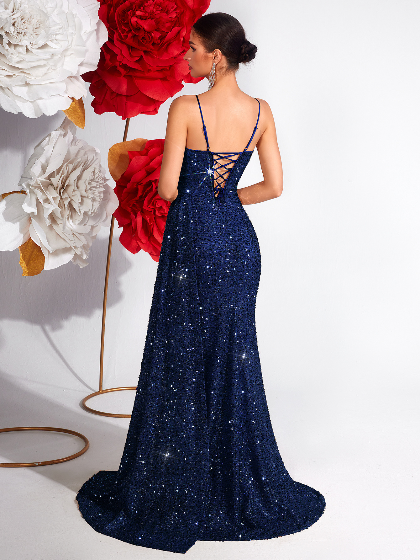 Navy Blue Embellished Sleeveless Maxi Sheath Dress