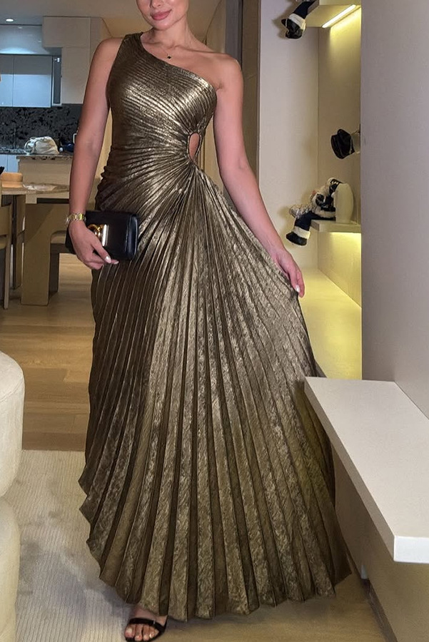 Gold Pleated One-Shoulder A-Line Sleeveless Maxi Dress